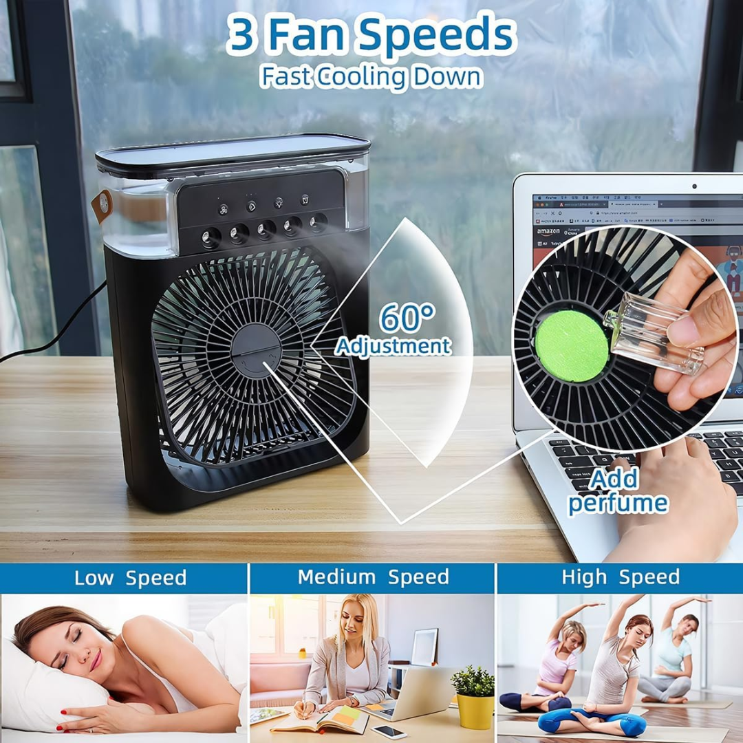Ventilador portátil 3 en 1 con niebla de hielo
