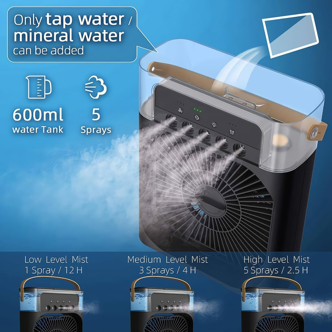 Ventilador portátil 3 en 1 con niebla de hielo