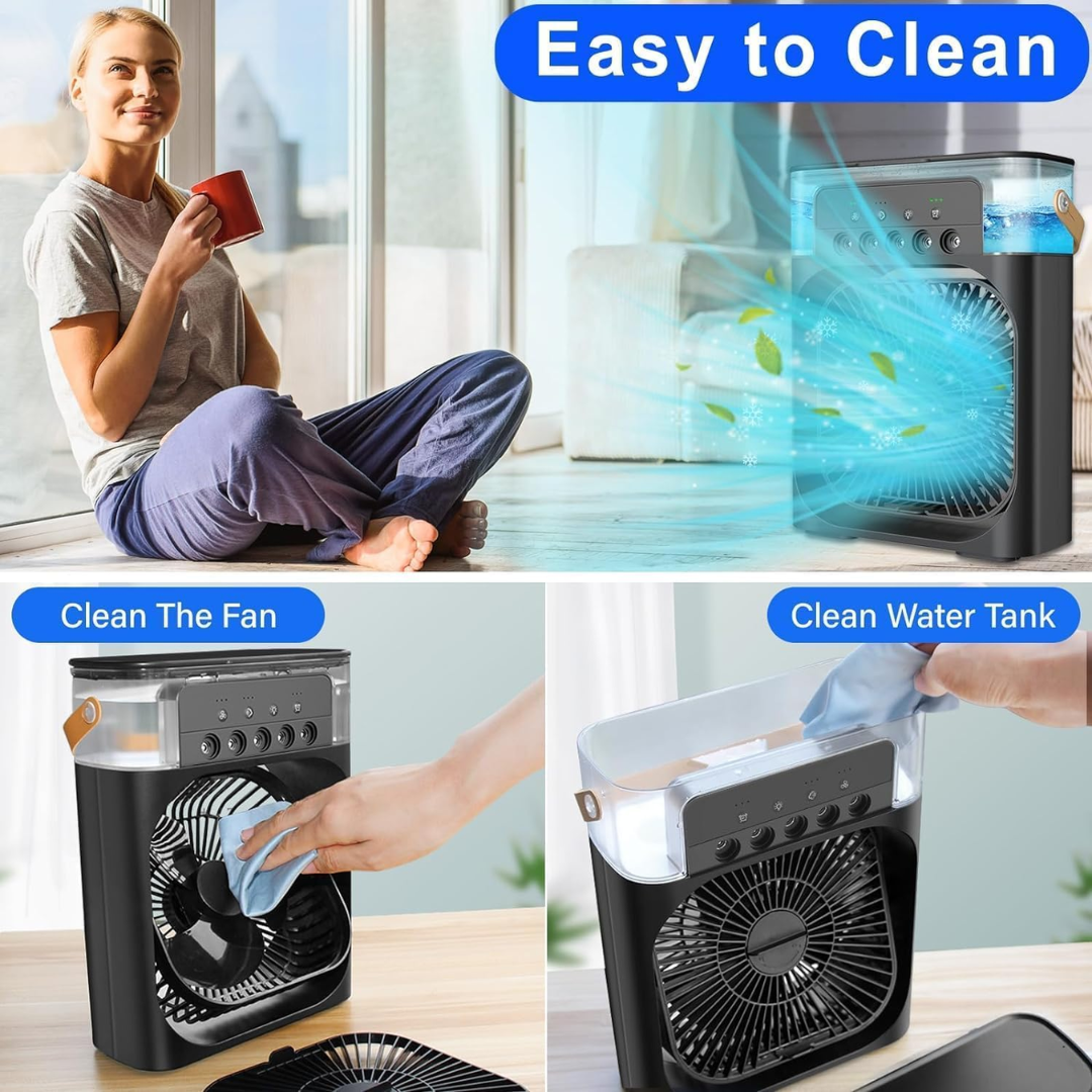 Ventilador portátil 3 en 1 con niebla de hielo